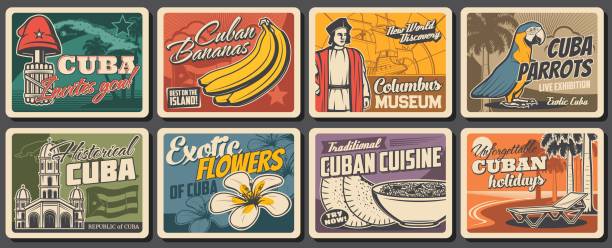 Cuban travel, food, nature and culture posters Cuban travel, food, nature and culture vector design. Retro posters with Havana beach palms, Caribbean Sea and tropical parrot, flag and map of Cuba, Havana capitol, mariposa, liberty cap and banana columbus ohio sign stock illustrations