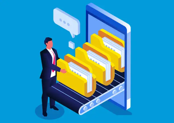 Vector illustration of Online file transfer, the isometric businessman puts the folder on the transfer belt of the smartphone and performs file transfer and storage