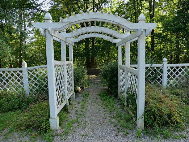 Pergola or arbor leading to a shady tree filled park