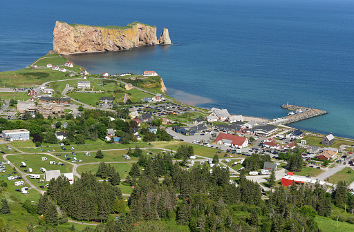 Aerial view of the coastal village of Percé with Percé Rock (Rocher Percé), Gaspésie, Québec, Canada
