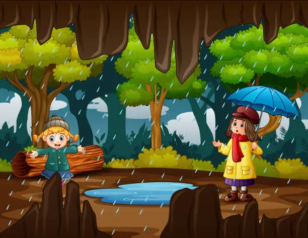 Vector illustration of Happy girls playing in the rain