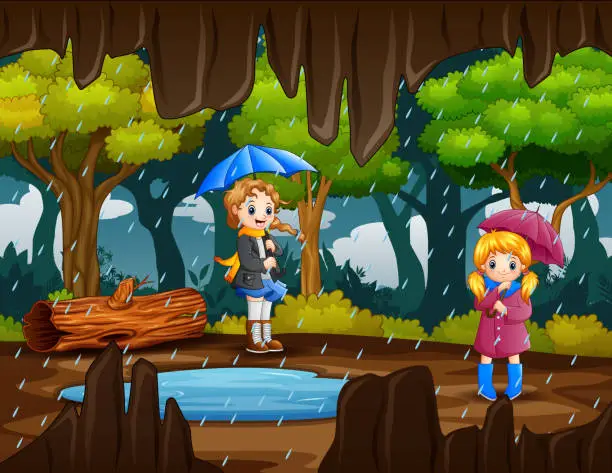 Vector illustration of Cartoon two girls carrying umbrella under the rain in the forest