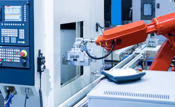 istock Automatic industrial robotic robot working, industry 4.0 and technology concept 1333855918