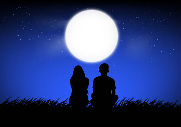 illustrations, cliparts, dessins animés et icônes de image silhouette un couple homme et femme assis avec la lune sur le ciel à la conception de la nuit - romantic sky