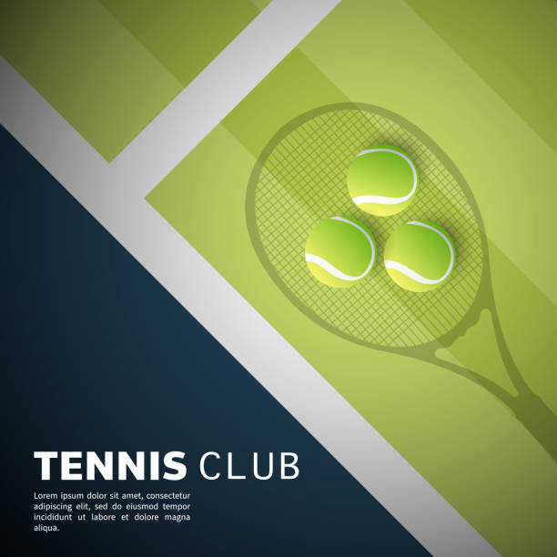 illustrazioni stock, clip art, cartoni animati e icone di tendenza di palla da tennis sulla racchetta da tennis nel campo da tennis verde, illustrazioni da utilizzare in eventi sportivi online, illustration vector eps 10 - tennis silhouette tennis racket tennis ball