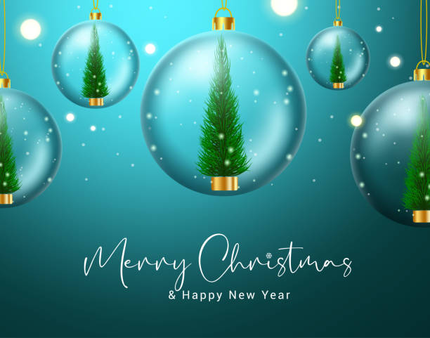 istock Christmas crystal balls vector design. Merry christmas text with crystal ball hangging with xmas tree decoration element for holiday season background. 1333859699