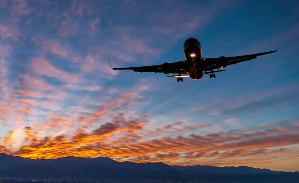 istock Landing airplane at colorful sunrise and sky clouds 1333860661