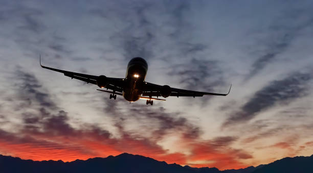 istock Landing airplane at colorful sunrise and sky clouds. 1333860664