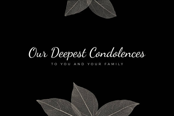 Monochrome card condolence card with text and leaves on the black background Our Deepest Condolences to you and your family. A sympathetic condolence card design for someone mourning the death. Black and white condolence card with letters and leaves on the black background. compassion stock illustrations