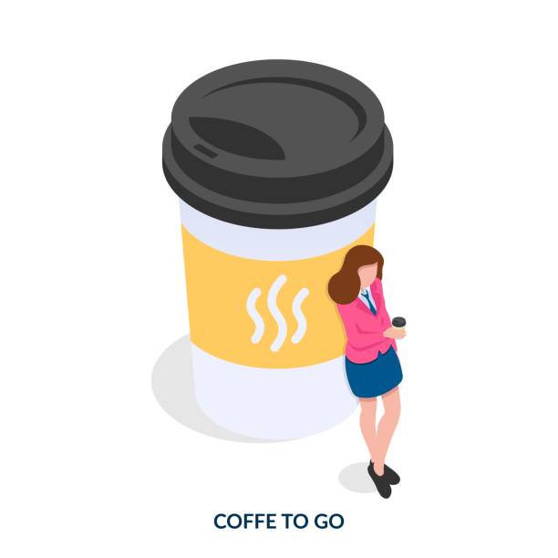 Coffee to go concept. Girl next to a huge cup of coffee. Isometric vector illustration on white background caffeine illustrations stock illustrations