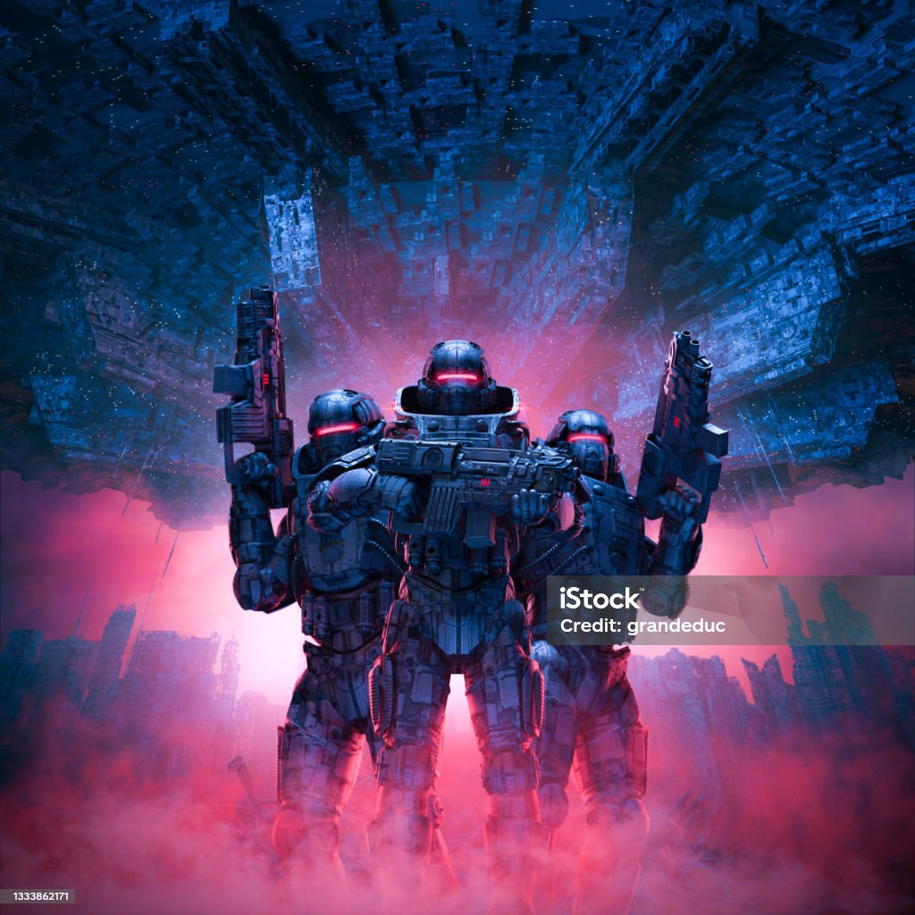 Cyberpunk soldiers city patrol 3D illustration of science fiction military robot warriorw standing amid rubble in war torn futuristic city with with giant space ship in the sky above Gamer Stock Photo