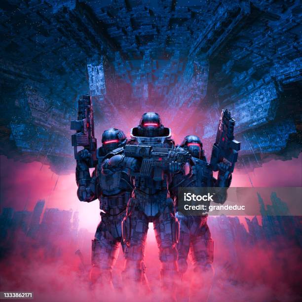 Cyberpunk Soldiers City Patrol Stock Photo - Download Image Now - Gamer, Futuristic, Dystopia - Concept