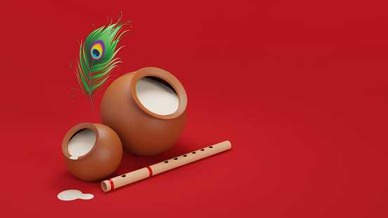 Janmashtami Hindu festival. Dahi handi, bansuri and peacock feather on a red surface with copy space. 3D rendering illustration.