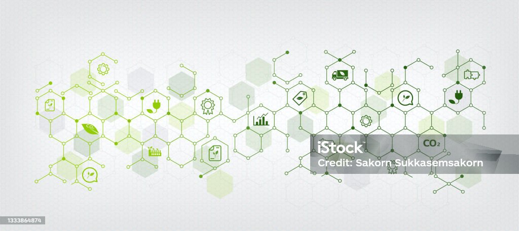 Sustainable business or green business vector illustration background. with connected icon concepts related to environmental protection and sustainability in business and hexagon - Royaltyfri Hållbar livsstil vektorgrafik