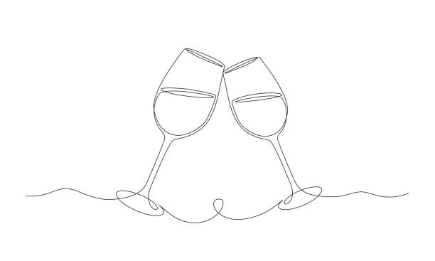 kontinuierliche einzeilische zeichnung von zwei gläsern rotwein. minimalistisches lineares konzept von feiern und jubeln. illustration "bearbeitbarer konturvektor" - wein stock-grafiken, -clipart, -cartoons und -symbole