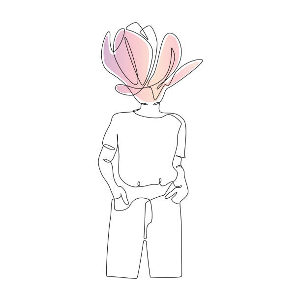 花を持つ抽象的な女性シルエットの1つの連続した線を描きます。直線的なスタイルのベクターボタニカルプリントでマグノリアヘッドを持つ現代の女性の肖像画 - flower single flower magnolia white background点のイラスト素材／クリップアート素材／マンガ素材／アイコン素材