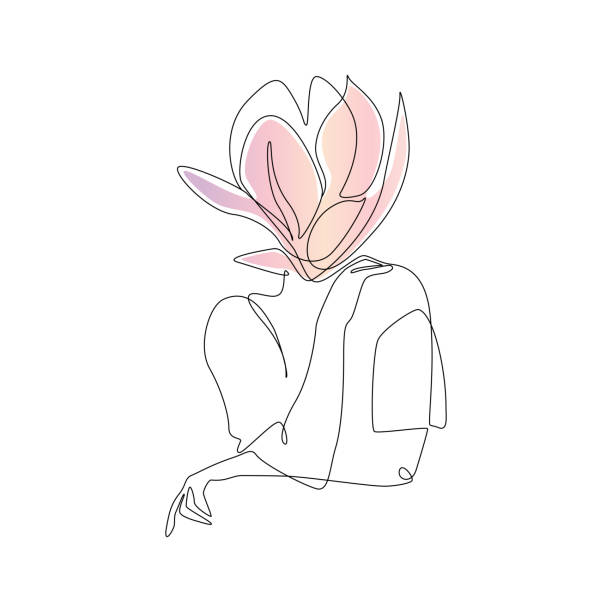 花を持つ抽象的な女性の体の1つの連続した線描画。直線的なスタイルのマグノリアの頭部を持つ現代の優雅な女性の肖像画。ベクターボタニカル印刷 - flower single flower magnolia white background点のイラスト素材／クリップアート素材／マンガ素材／アイコン素材