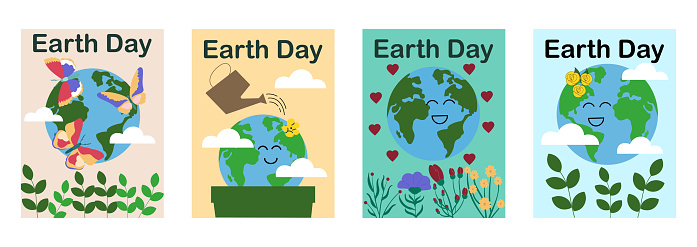 Set of cute posters for international mother earth day. Concept of environmental problems and environmental protection. Caring for Nature. Flat cartoon vector illustration