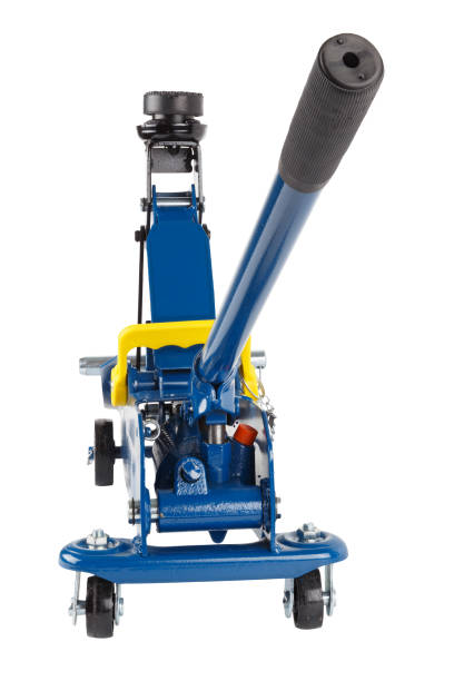 istock blue hydraulic car jack isolated on white background, rised up 1333871582