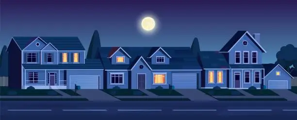 Vector illustration of Street in suburb district with houses at night