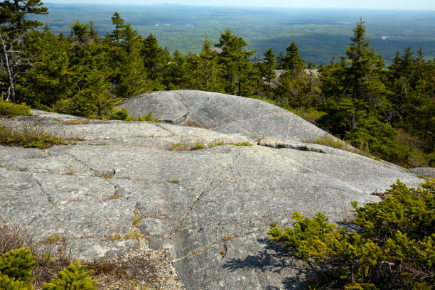 Glacial features in bedrock of Mt. Monadnock in New Hampshire. Glacially scoured granite bedrock, with sculpting and a groove near the summit of Mt. Monadnock in Jaffrey, New Hampshire. bedrock stock pictures, royalty-free photos & images