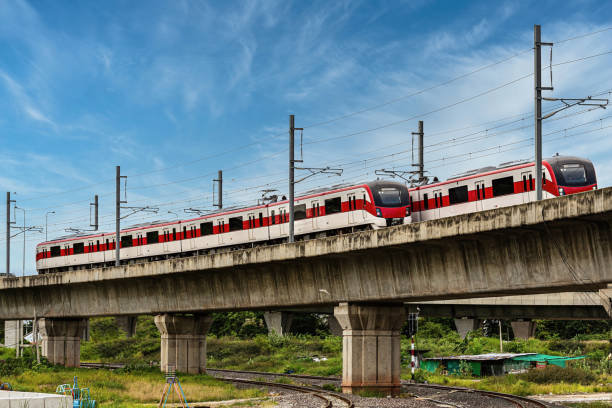 istock High-speed trains run opposite each other. 1333874265