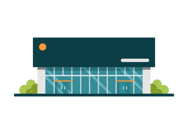 ilustraciones, imágenes clip art, dibujos animados e iconos de stock de edificio del concesionario. ilustración plana simple. - store facade window display office building