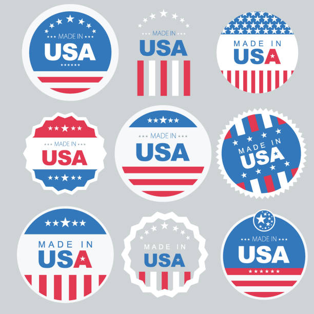 made in usa button mit amerikanischem flaggenhintergrund - usa made in the usa industry striped stock-grafiken, -clipart, -cartoons und -symbole