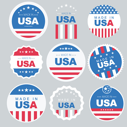 Vector of made in USA button with American flag background. EPS Ai 10 file format.