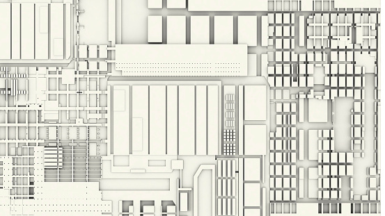 Straight overhead aerial view of abstract modern city downtown looking as white architectural scale model with high rise buildings and empty streets. Concept 3D illustration from my 3D rendering.