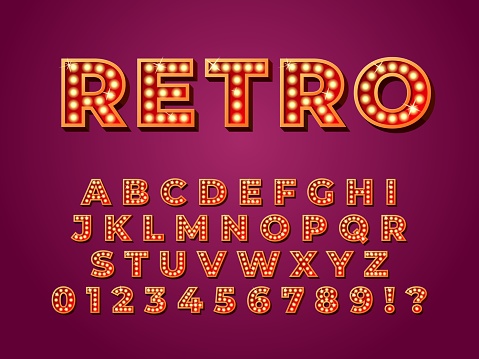 Light bulb font. Lamp text, retro bulbs abc letters for circus or night show. 3d casino cinema numbers collection. Theater recent vector alphabet. Illustration of alphabet glow bulb and numbers
