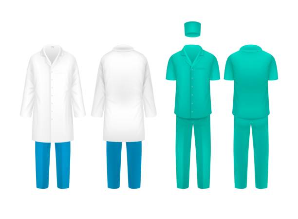 istock Realistic doctor suit. Nurse doctors uniforms, isolated clinic surgery clothes. Science lab coat, research shirt and pants vector set 1333879281