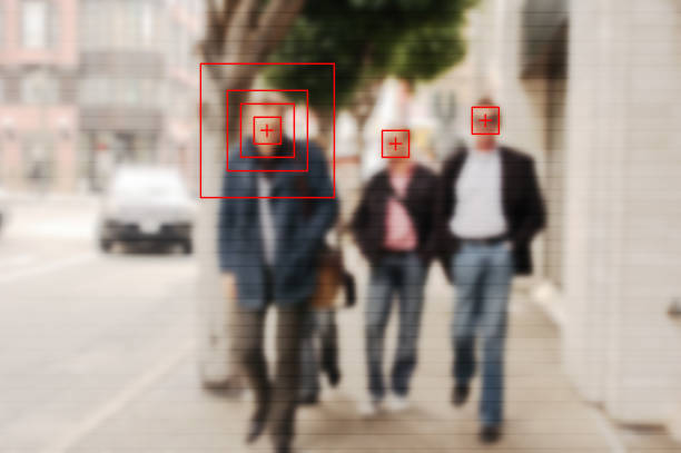 istock Face recognition signs and tags on people faces. Privacy and personal data protection. 1333881331