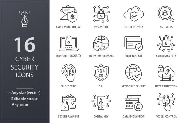 набор значков строки кибербезопасности. черная векторная иллюстрация. редактируемая обводка. - encryption stock illustrations