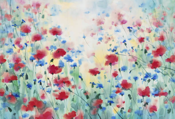 istock Red poppy field in the Sun watercolor background 1333885000
