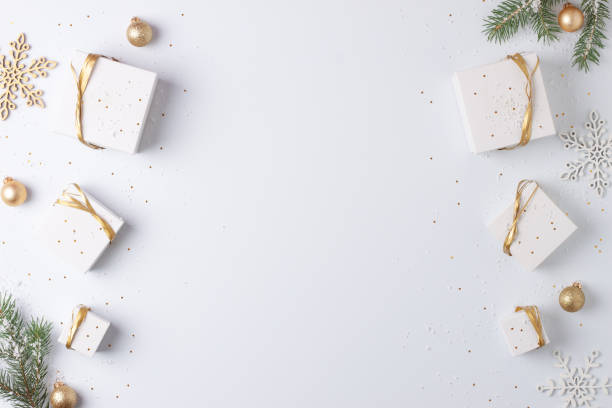 istock Christmas decorations with gifts on white background. Flat lay, copy space 1333885082