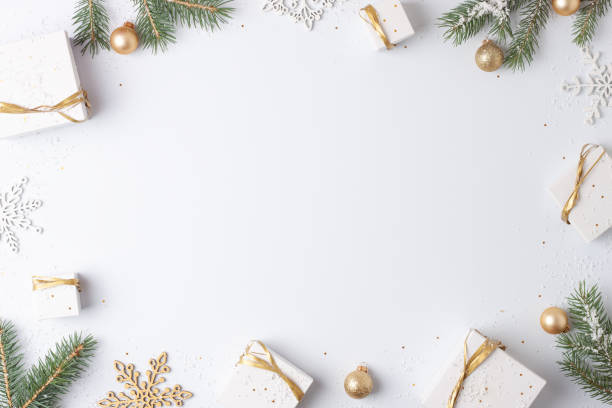 istock Christmas decorations with gifts on white background. Flat lay, copy space 1333885088