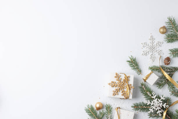 istock Christmas decorations with gifts on white background. Flat lay, copy space 1333885106