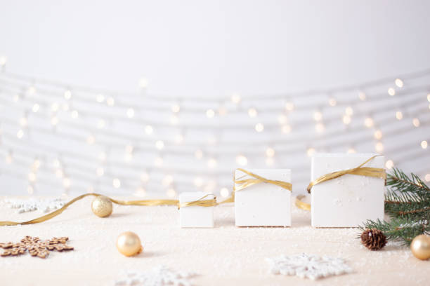 istock Christmas decorations with gifts on white background. Close up, copy space 1333885111