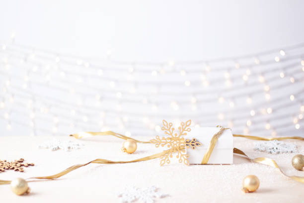 istock Christmas decorations with gift on white background. Close up, copy space 1333885117
