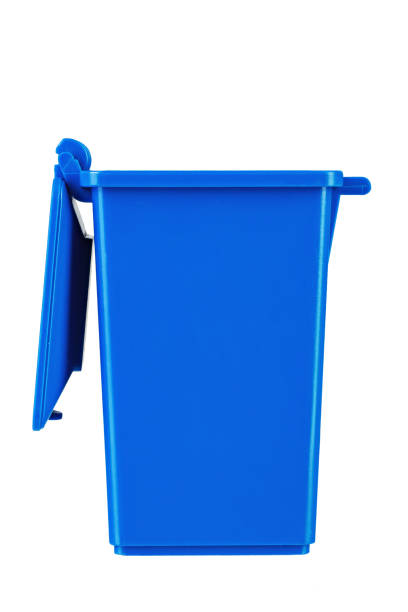 istock Waste bin with open lid in blue, isolated in white. Garbage recycling concept. 1333886310