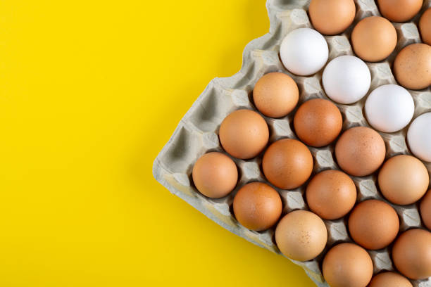 istock Nice big rural fresh eggs in cardboard egg box holder with colorful yellow background. 1333886400