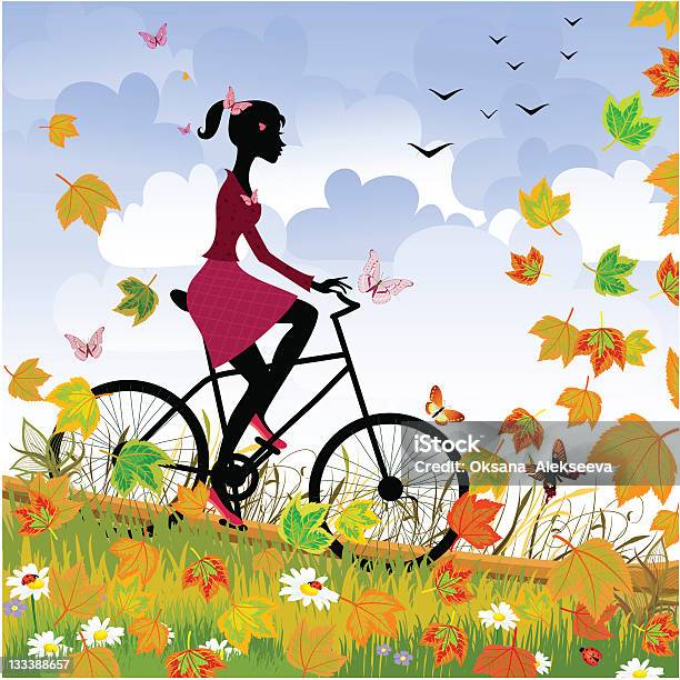 Девушка На Велосипеде На Открытом Воздухе В Осень — стоковая векторная графика и другие изображения на тему Векторная графика - Векторная графика, Взрослый, Горный велоспорт