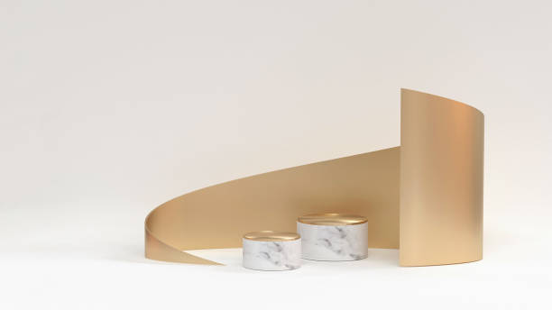 istock 3d render illustration cosmetics podium background. Marble podiums with gold twisted shape on the white. Cosmetics, beauty product promotion pedestal. Abstract minimal studio 3d rendering. 1333887058