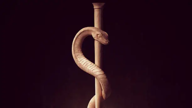 Serpent Rod Modern Commercial Medicine Rod of Asclepius Snake Spiral Staff Pharmacy Symbol 3d illustration render