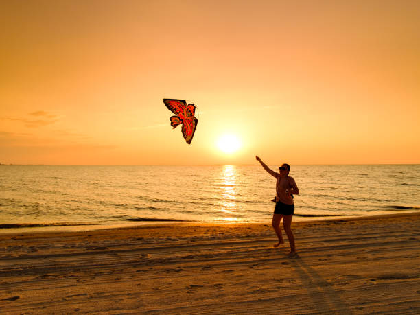 Silhouette of a young girl holding a kite in a beautiful sky during sunset on the seashore.