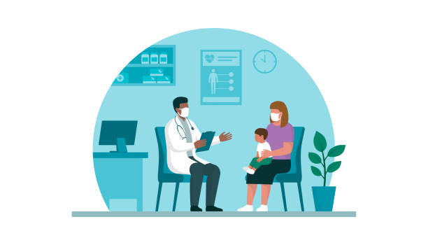 ilustraciones, imágenes clip art, dibujos animados e iconos de stock de médico que visita a un bebé en su consultorio - pediatra