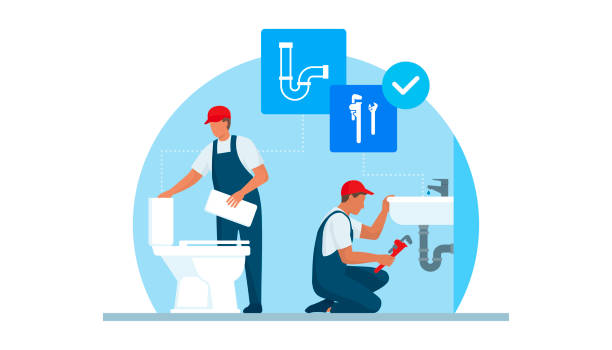 Professional plumbers at work Professional plumbers service, they are unclogging a toilet and fixing the plumbing in a sink plumber stock illustrations