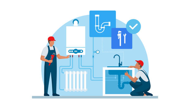 illustrazioni stock, clip art, cartoni animati e icone di tendenza di idraulico professionista e ingegnere del riscaldamento al lavoro - boiler water heater symbol repairing