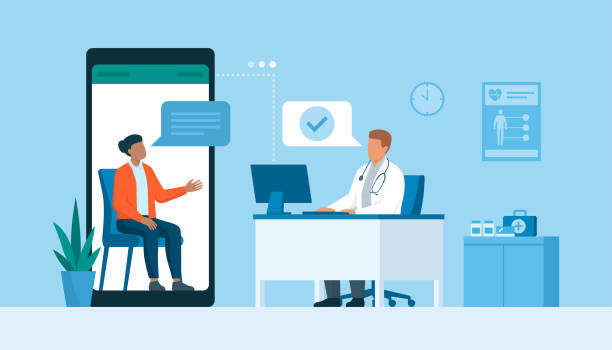 illustrazioni stock, clip art, cartoni animati e icone di tendenza di video donna che chiama il suo medico online - ambulatorio medico